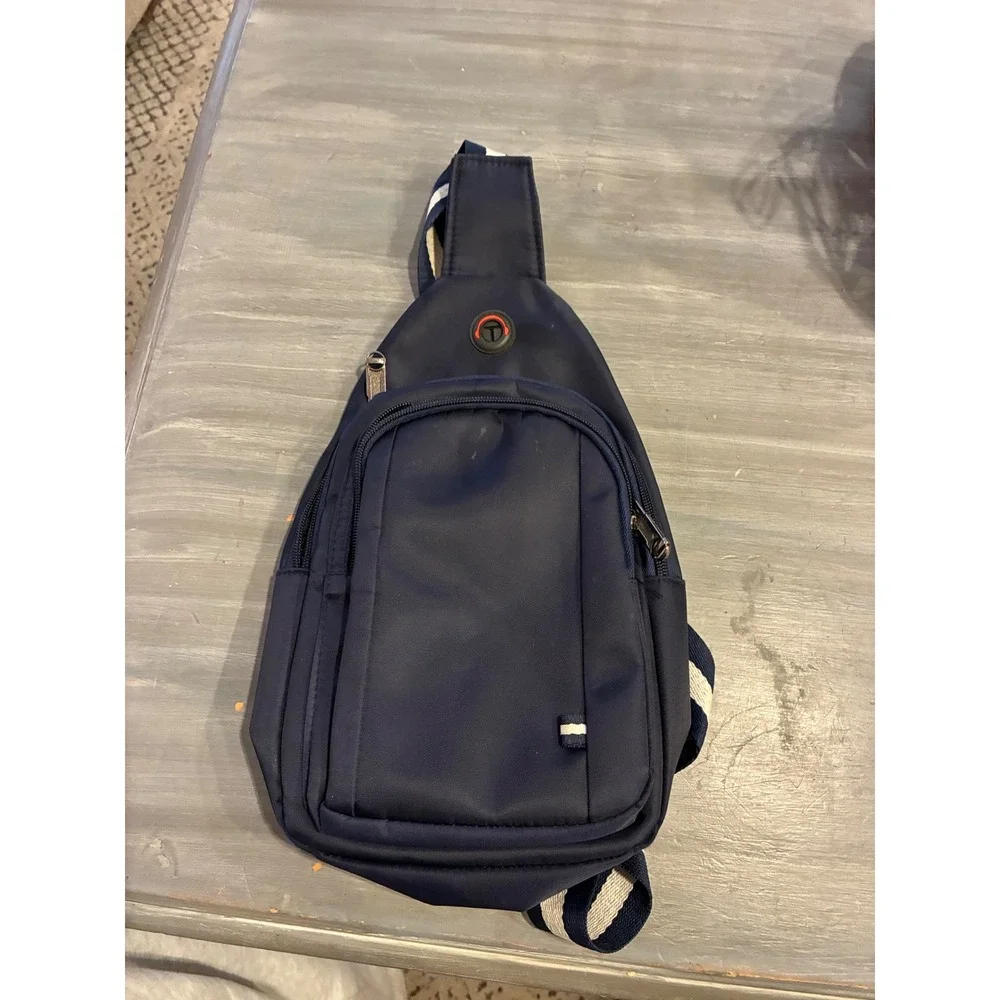 Navy Blue Nylon Sling Bag Striped Crossbody Backpack Messenger